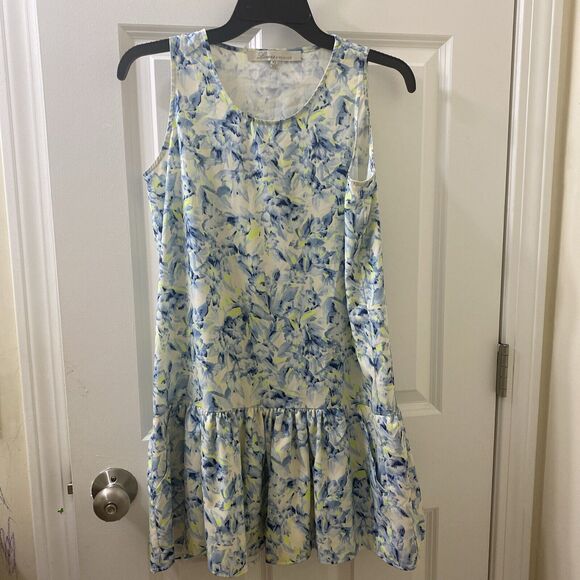 Lovers + Friends Dress XS Blue White Green Floral Watercolor Drop Waist - Picture 1 of 10